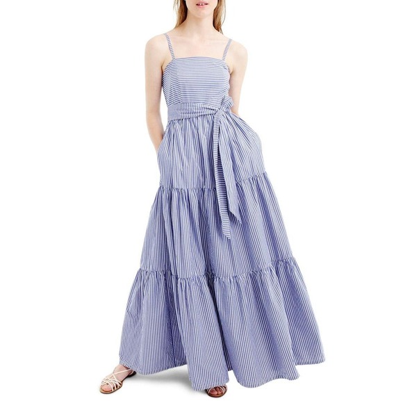 J.Crew Dresses & Skirts - J Crew Garratt Blue White Striped Maxi Dress 00 Poplin Tiered Ruffle Coastal